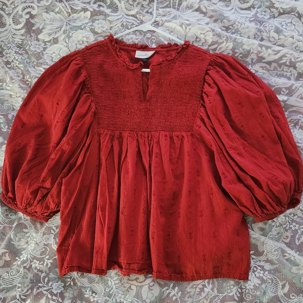 🔥Red Boho Women's Smock Top Puff Sleeves Size M